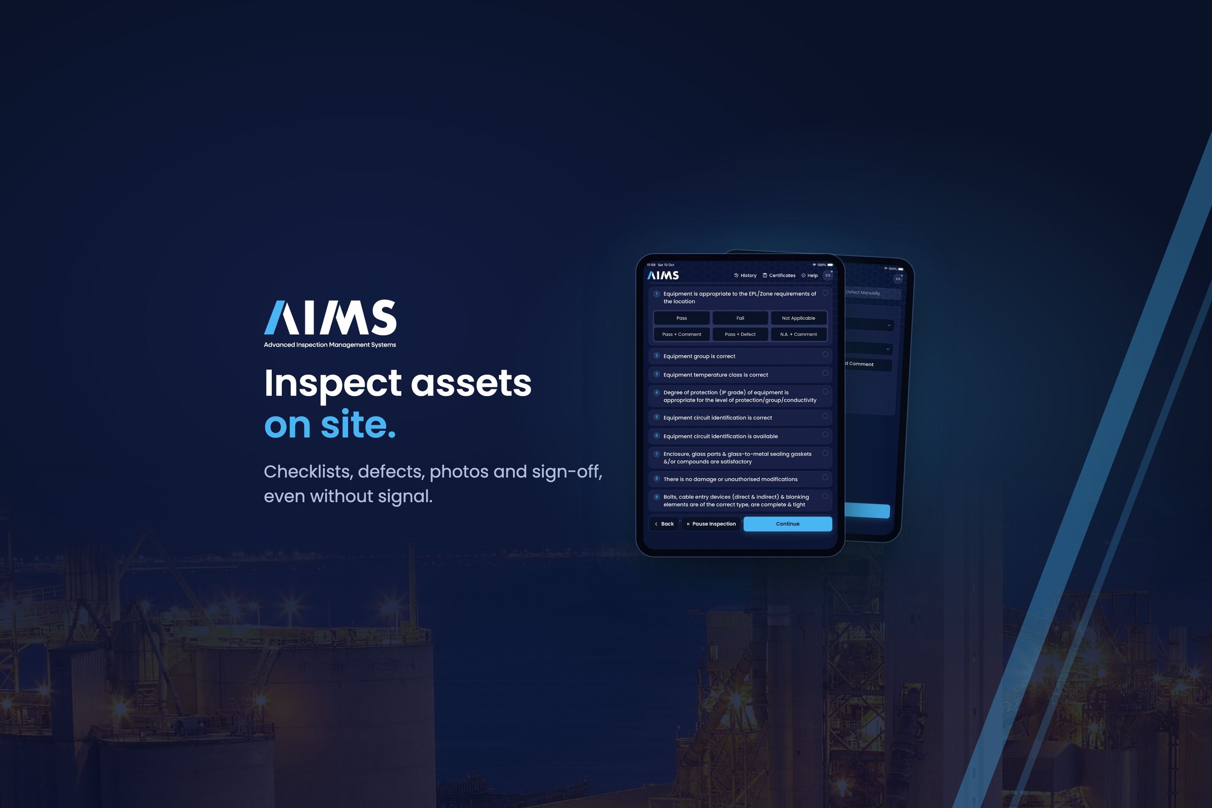 AIMS inspection app on a tablet: inspect assets on site — checklists, defects, photos and sign-off, even without signal.